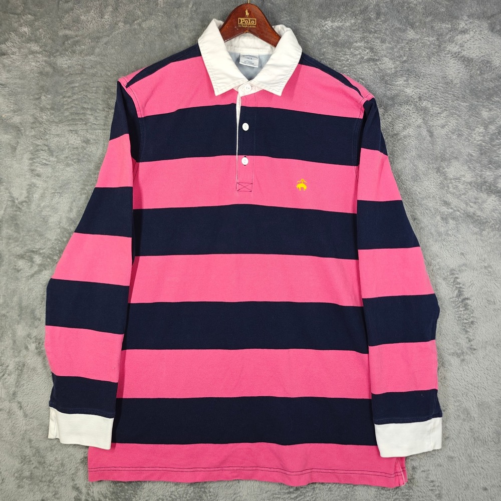 Brooks Brothers Rugby Shirt Mens L Pink Navy Blue Striped Slim Fit golden fleece